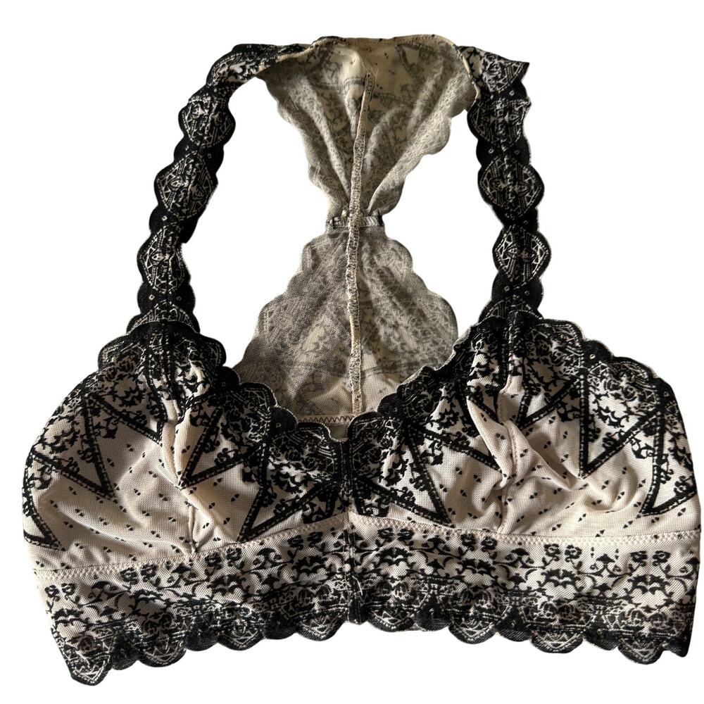 FREE PEOPLE | Intimately Wild Roses Cream and Black Flocked Lace Bralette Small